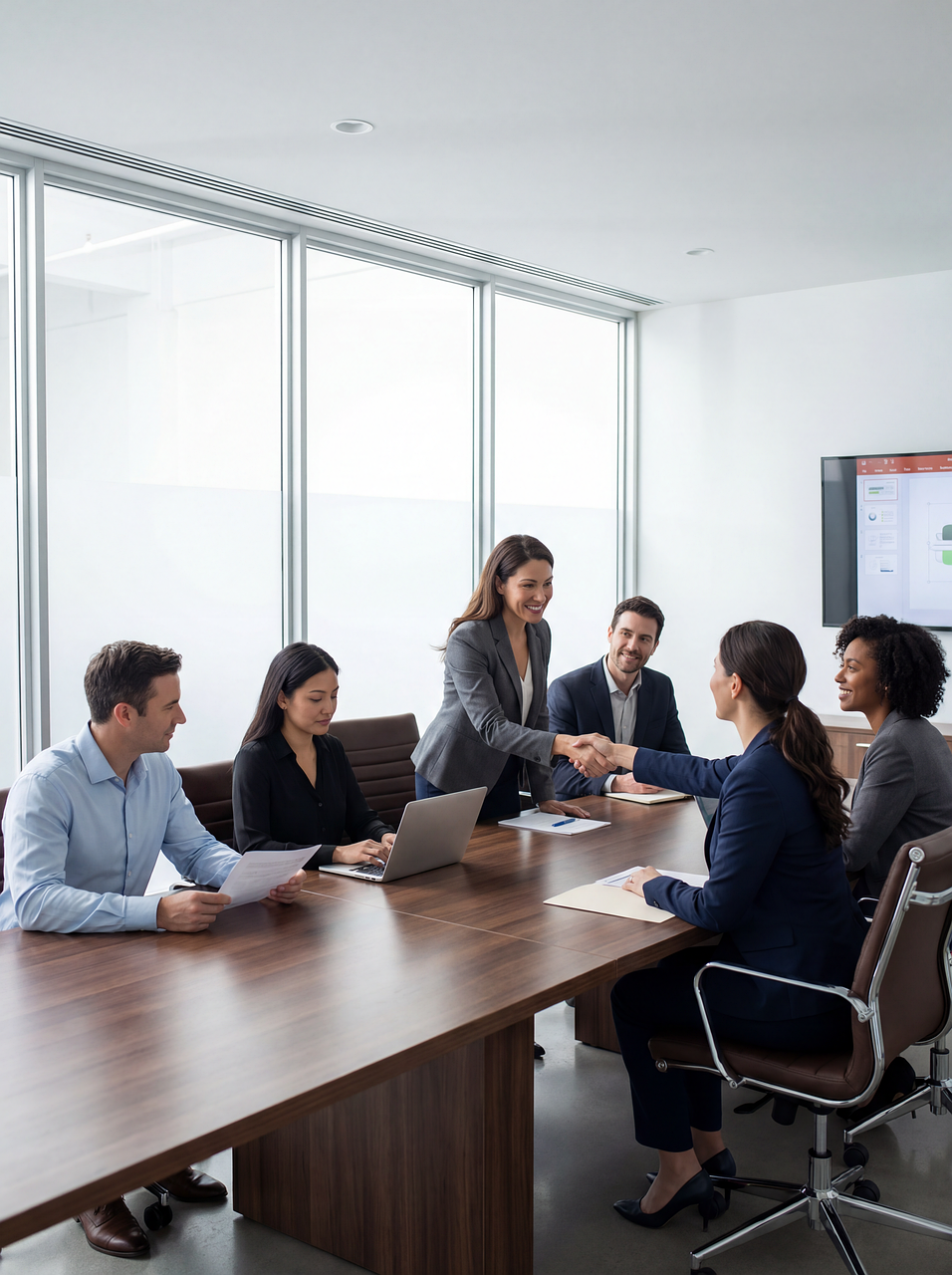 meeting, conference, business, office, team, collaboration, agreement, handshake, partnership, corporate, professional, discussion, presentation, chart, graph, laptop, documents, strategy, negotiation, success, leadership, workplace, formal